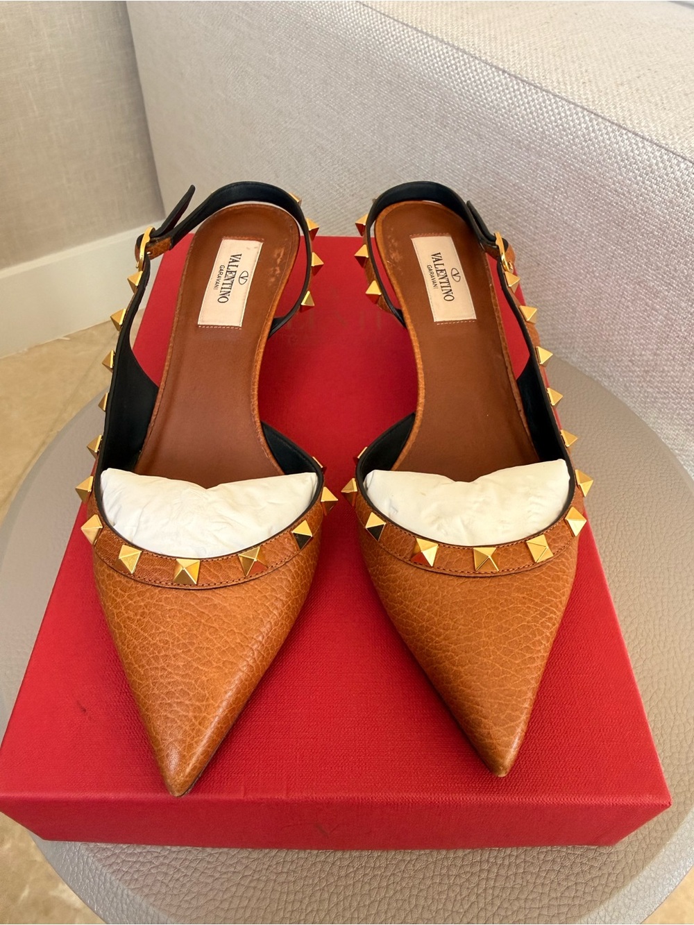 Valentino Garavani Leather Pointed Rockstud Slingback Flats with Gold Studs